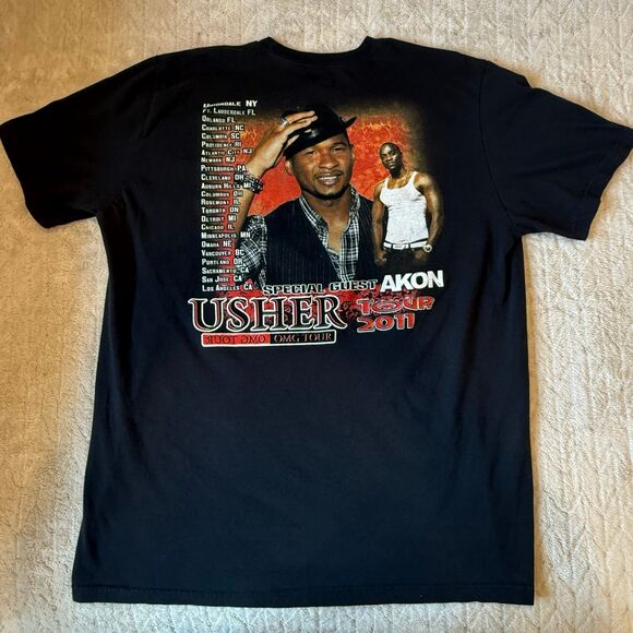 2011 Usher & Akon OMG Double Sided Concert Tour Tee XL Black - Picture 2 of 6